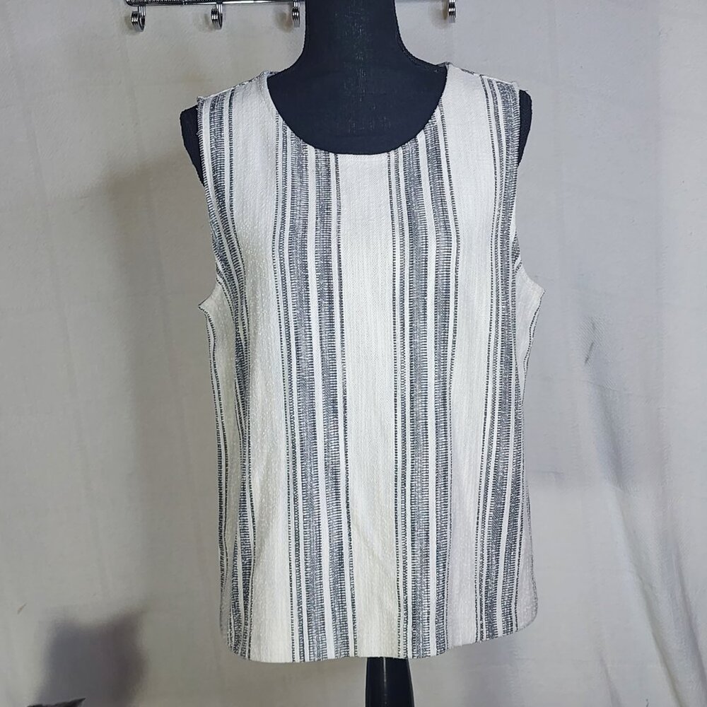 Ann Taylor Factory Grey Black Cream Stripe Textured Cotton Poly Sleeveless Top L